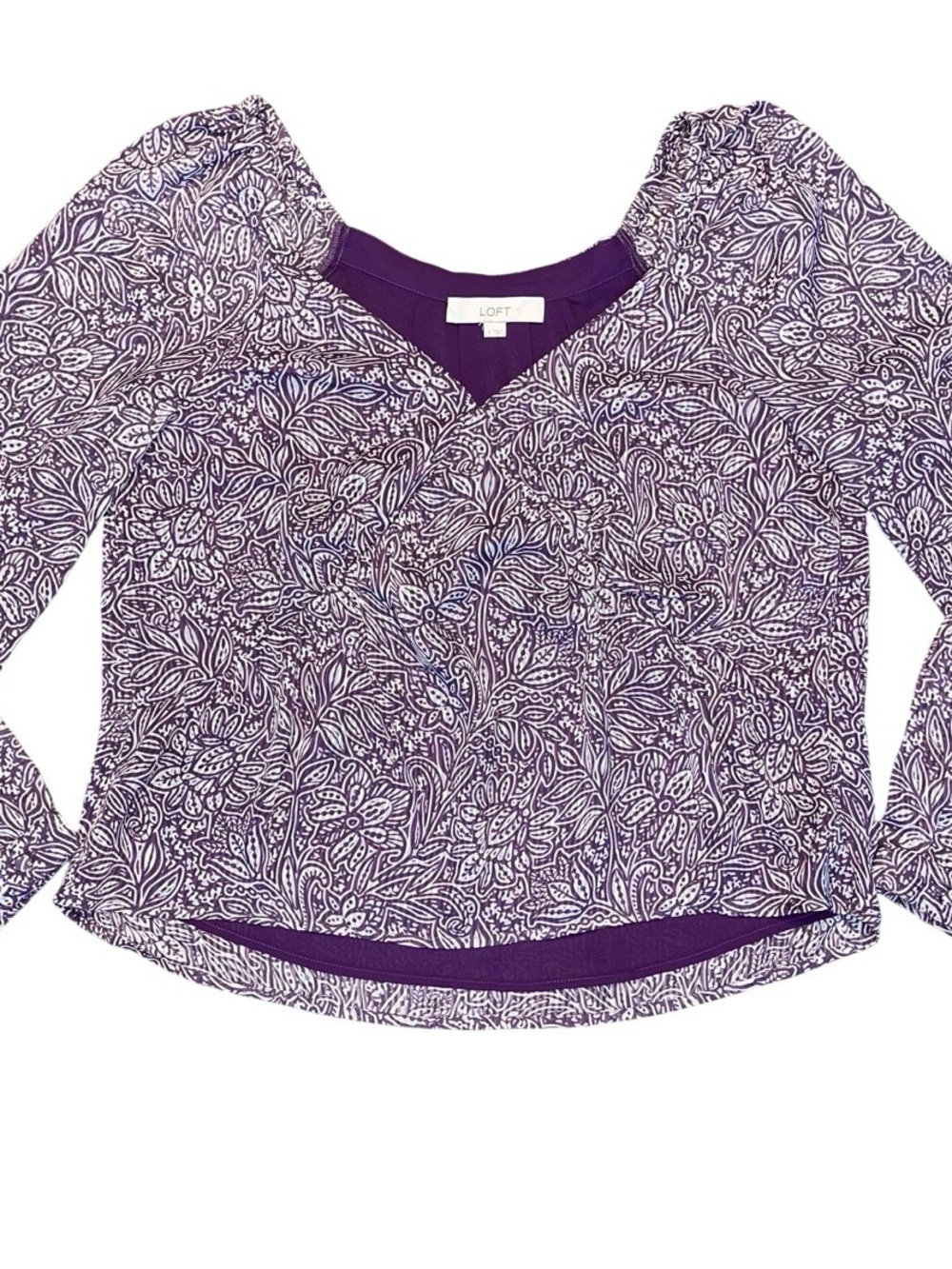 Loft Purple White Long Sleeve Loose Fit Blouse  V Neck Button Floral NWOT Small